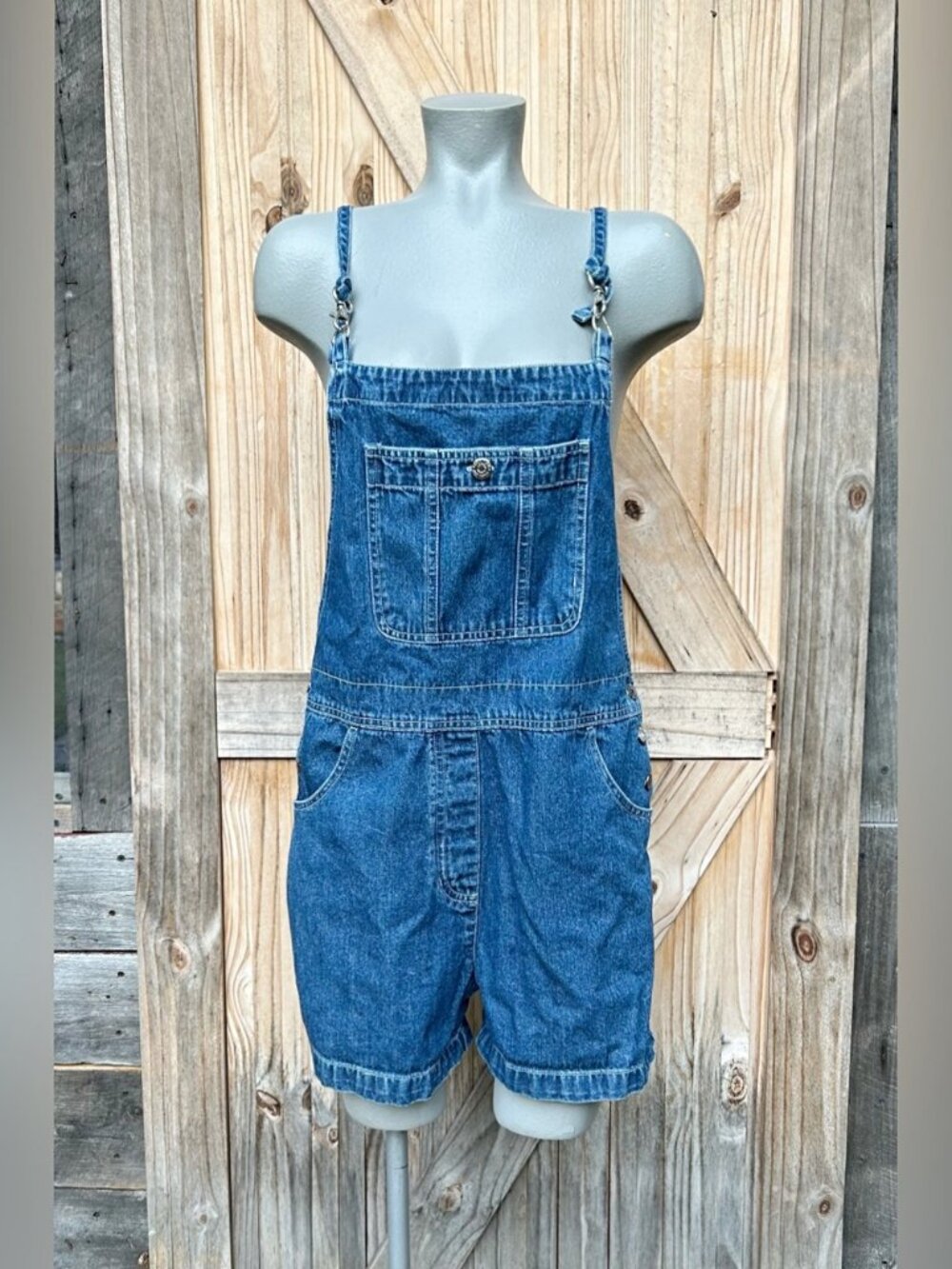 Vintage County Seat Womens Blue Denim Romper Overall Shorts Shortalls~M~